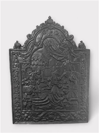 A 17th century cast iron fireplace backplate depicting a classical scene....