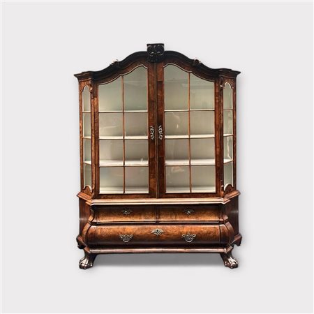 A burl walnut display cabinet, 18th century. 215 x 160 cm.