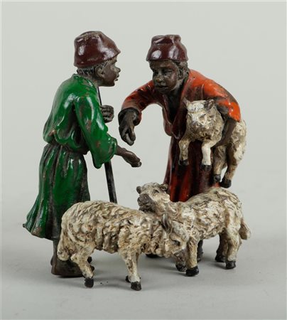 A Viennese, cold-painted bronze 'The Sheep Traders'. 9 x 10 cm.