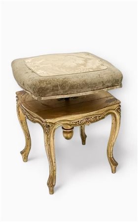 An adjustable piano stool in Louis XV style. Gold lacquered base and damask...