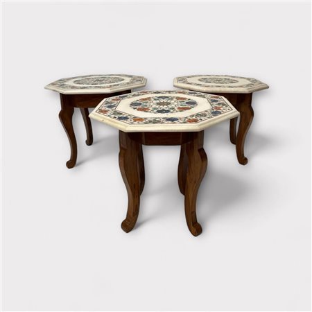 A set of (3) side tables in oak with Pietra Dura top. The Pietra Dura...