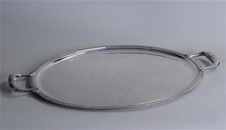 An oval, Christofle Malmaison tray, marked on the edge. 53 x 42 cm.