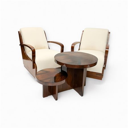 A walnut veneered Art Deco set with matching smoking table. The chairs...