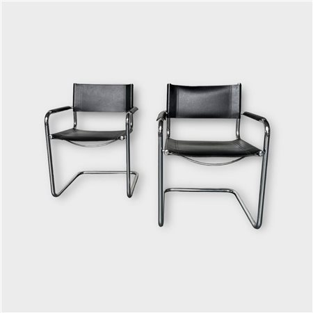 Tubular frame/design chairs black saddle leather/chrome, after Matteo Grassi,...