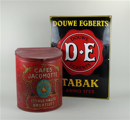 An enamel advertising sign for Douwe Egberts made by Langcat Bussum, along...