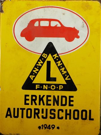 A vintage AWNB enamel advertising sign 'Recognized driving school 1949'. 40 x...