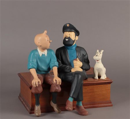 Tintin, statues Leblon Delienne - Tintin, Captain Haddock, and Snowy sitting,...