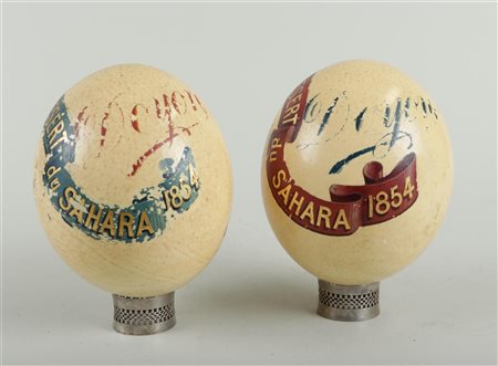 Two 19th century hand painted and personalized ostrich eggs with text 'Au...