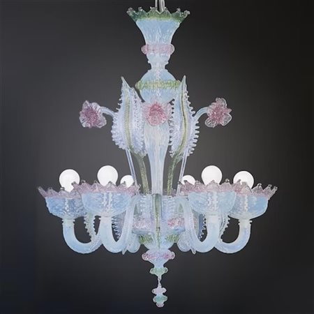 A Murano Venetian chandelier made of pink and light blue glass. First half...