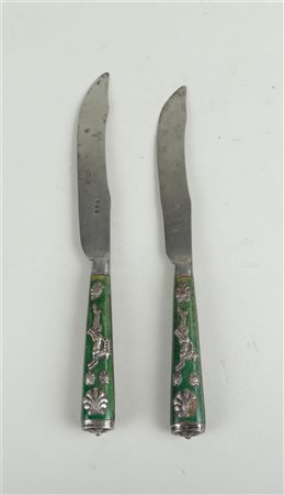 A set of two antique German knives, handles in green tinted horn decorated...