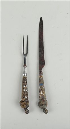 A set consisting of a meat fork, bronze handle with champlevé enamel in the...