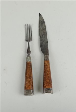 A travel cutlery consisting of a knife and fork with walnut handle with...