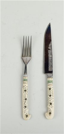 A Bosnian cutlery set with bone handle, silver blade engraved 'Sarajevo...