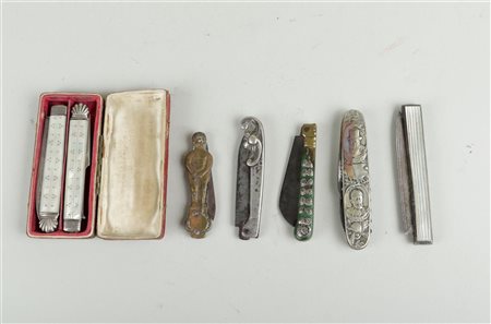 A lot of seven antique pocket knives, including one in silver. 19th century.