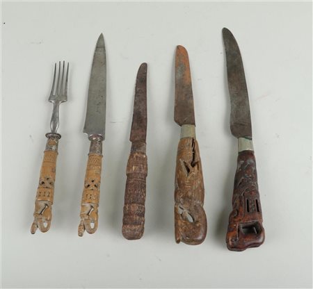 A lot of five Zeeland folk art so-called horse knives. with richly carved...