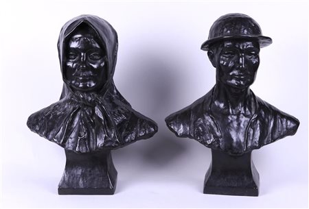 A set of (2) dark patinated bronze busts of a dome and his wife. Belgium,...