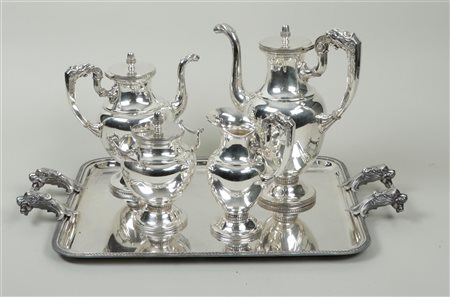 A five-piece silver-plated tea and coffee set. Wiskeman. H. 29,5 cm (koffiekan).