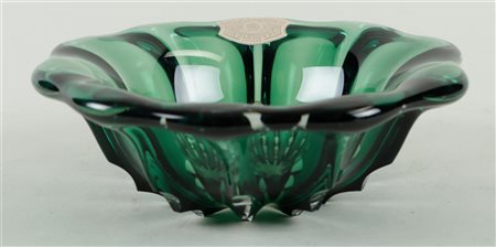 A green glass Val Saint Lambert bowl, marked on the bottom and sticker on the...