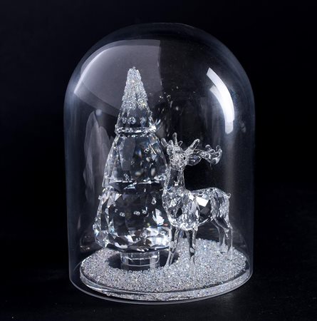 Swarovski, Bell Jar Snow Globe - Pine Tree and Deer, Year of issue 2021,...