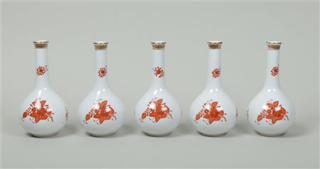 A set of five porcelain pipe vases in Apponyiorange decor. Herend, 20th...