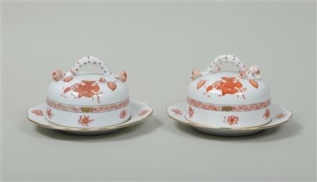 A set of two butter dishes in Apponyi orange decor. Herend, 20th...