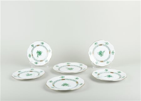 A lot of six porcelain plates with Apoyine green decoration. Herend, late...