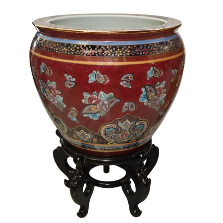 Grande cachepot in porcellana cinese con smalti cloisonnet motivi floreali , 20° secolo