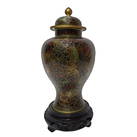 Potiche cinese cloisonne in ceramica marrone con decori dorati floreali, interno turchese