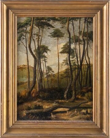 Pittore del XIX secolo. Paesaggio con alberi e fauna.