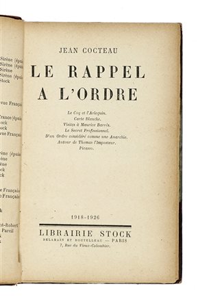 Cocteau Jean, Dedica autografa su libro Le rappel a l'ordre. Paris, Stock...