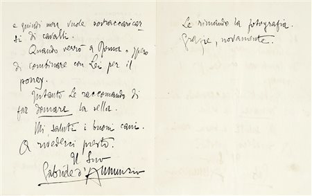 D'Annunzio Gabriele, Lettera autografa firmata, inviata al caro...