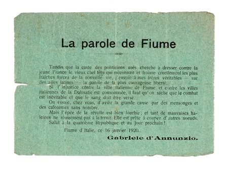 D'Annunzio Gabriele, Le parole di Fiume. Volantino. Datato 16 janvier 1920....