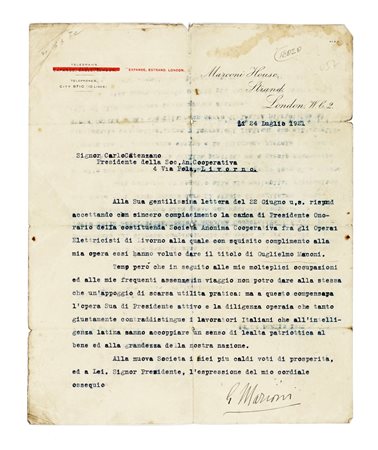 Marconi Guglielmo, Lettera dattiloscritta con firma autografa. Datata 24...