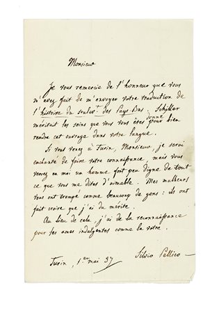 Pellico Silvio, Lettera autografa firmata, inviata a [René-Charles-Hippolyte...