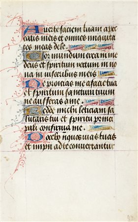 2 fogli pergamenacei miniati provenienti da Libri d'ore. XIV e XV secolo....