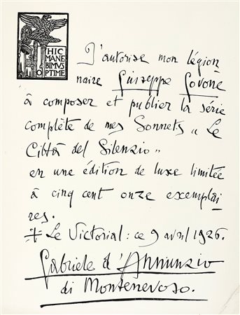 D'Annunzio Gabriele, Le città del silenzio. In Parigi: Giuseppe Govone...