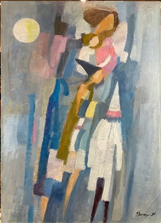 Trento Longaretti "Donna con bambini in maschera" 1973
olio su tela
cm 70x50
fir