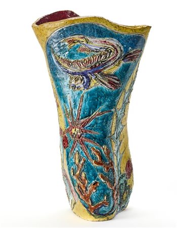 Giuseppe Mazzotti Vaso in ceramica decorata a graffito con soggetto marino, smal