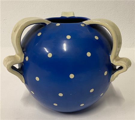 Rometti Ceramiche Vaso globulare triansato in ceramica smaltata blu a pois bianc