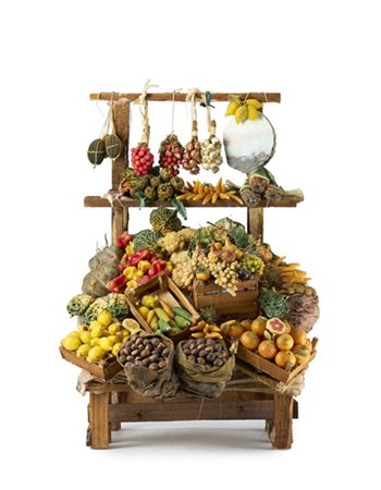 Fratelli Capuano, Napoli. Banco di frutta e verdura per presepio in legno, cera