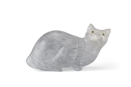 Arte del secolo XIX. Scultura raffigurante gatto in quarzo tormalinato, occhio