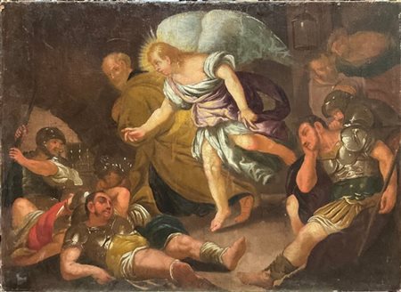 Scuola del secolo XVIII "La liberazione di San Pietro"olio su tela (bozzetto)