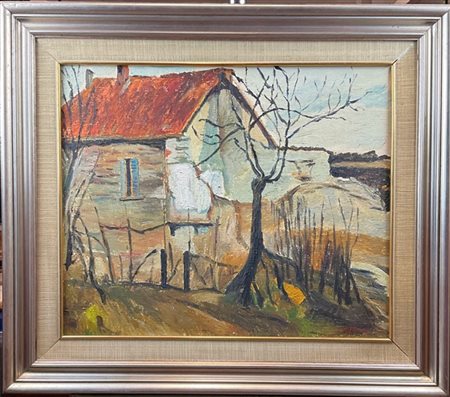 Ignoto "Paesaggio con casa e albero" olio su tela (cm 50x60) firmato Galbusera