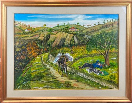 Firma indecifrata "Paesaggio con cantadino e mulo" 1970, olio su tela (cm 60x80