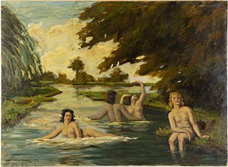 Annibale Scaroni "Bagnanti nel fiume" 1962
olio su tela (cm 65x92) (difetti)