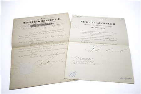 Due diplomi firmati da Re Vittorio Emanuele II relativi al Barone Cavaliere Pro