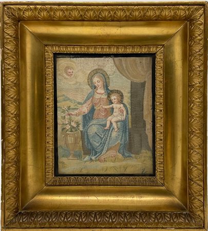 Manifattura del secolo XIX. Ricamo raffigurante Madonna con Bambino (cm 19x15,5