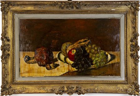 Annibale Scaroni "Funghi e uva" 
olio su compensato (cm 40x68)

firmato in basso