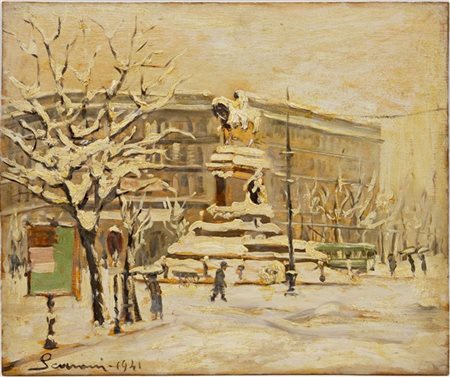 Annibale Scaroni "Piazza Cordusio a Milano" 1941
olio su compensato (cm 45,5x38)