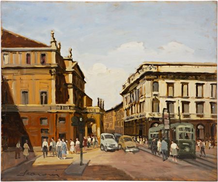 Annibale Scaroni "Piazza della Scala" 1955
olio su compensato (cm 50x60) 
firmat